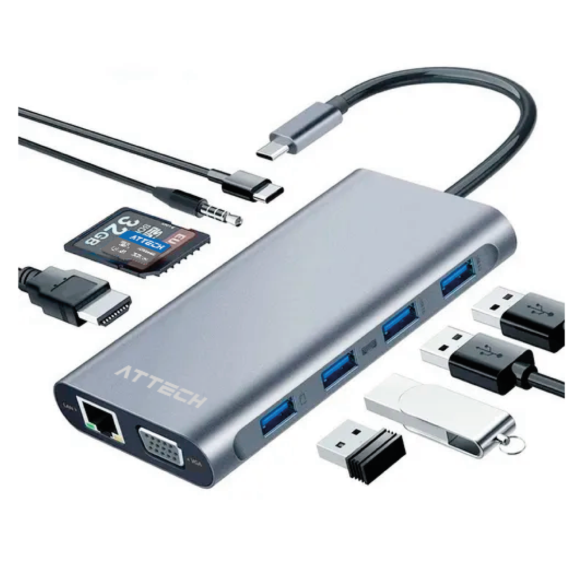 Attech Cartoon HUB Multipuertos Attech AT065 11 en 1 USB, USB-C, MICRO SD, SD, RED 10 ...