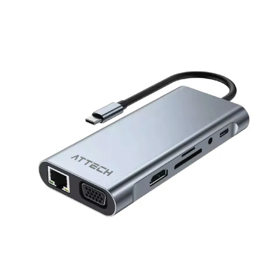 Attech AT065 Multiport HUB 11 in 1 USB, USB-C, MICRO SD, SD, RED 1000, VGA, HDMI
